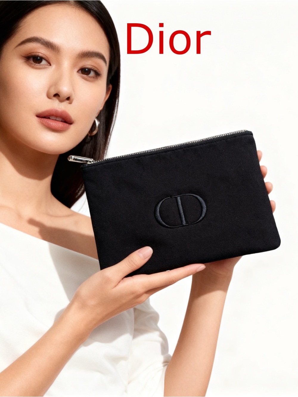 Dior Black Embroidered CD Zip Clutch